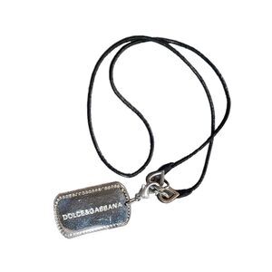 Dolce & Gabbana Silver & Rhinestone Dog Tag Pendant Leather Cord Necklace